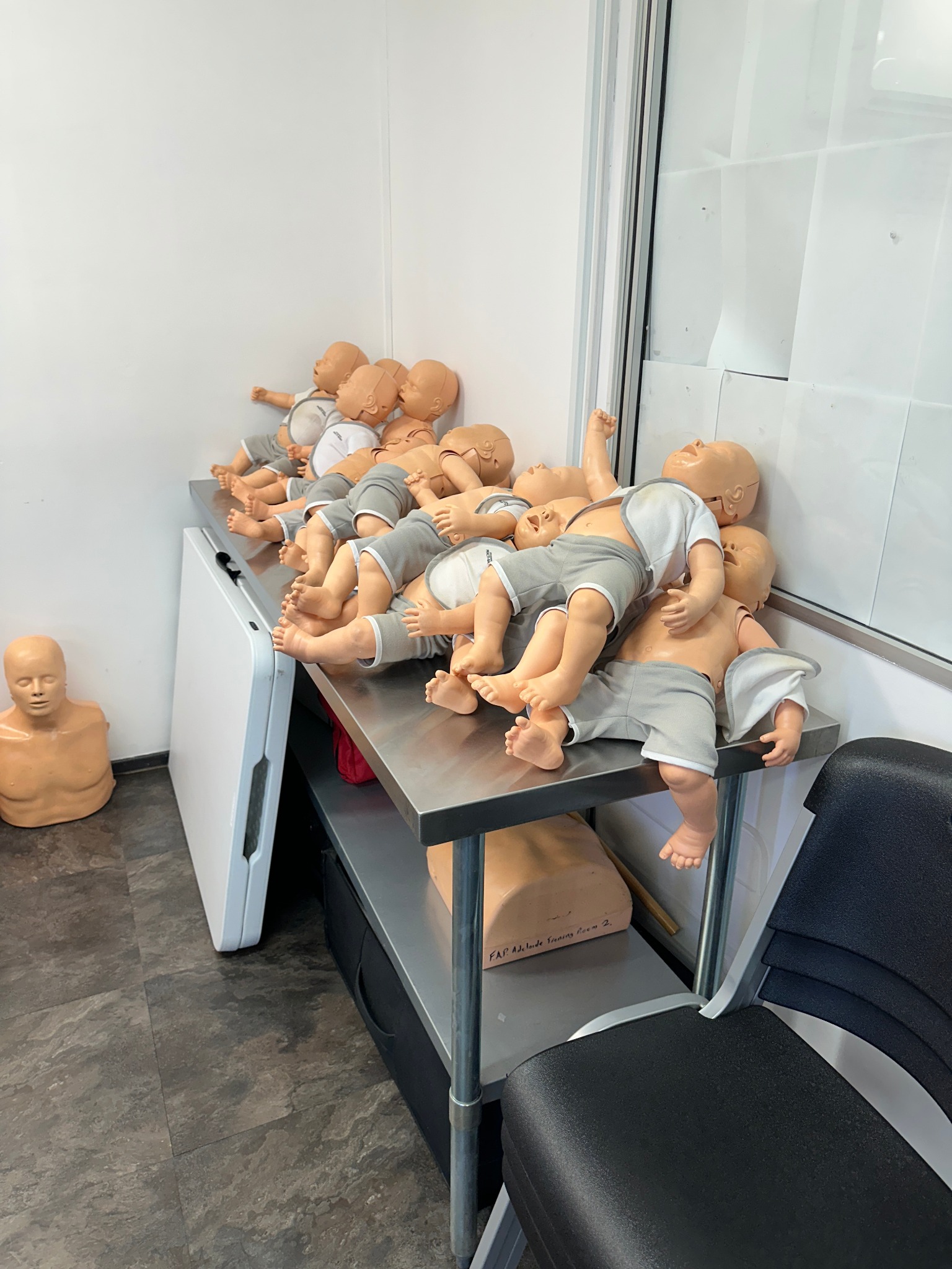 Infant CPR training manikins used during SHIN FITNESS First Aid and CPR training