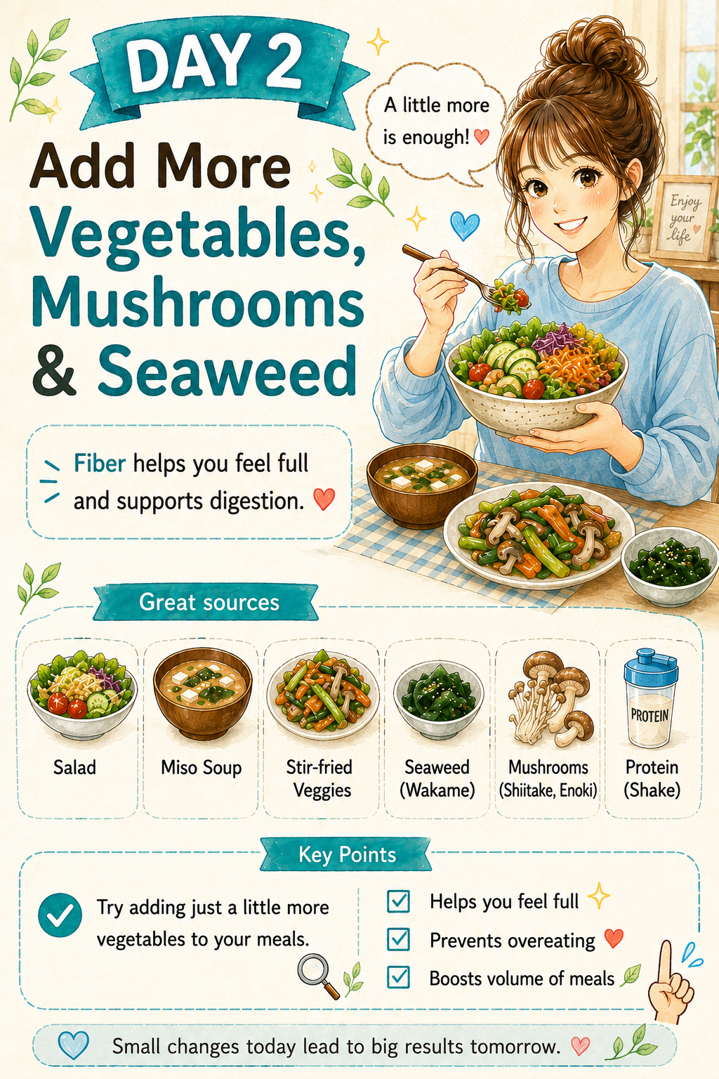 Day 2 add vegetables mushrooms and seaweed