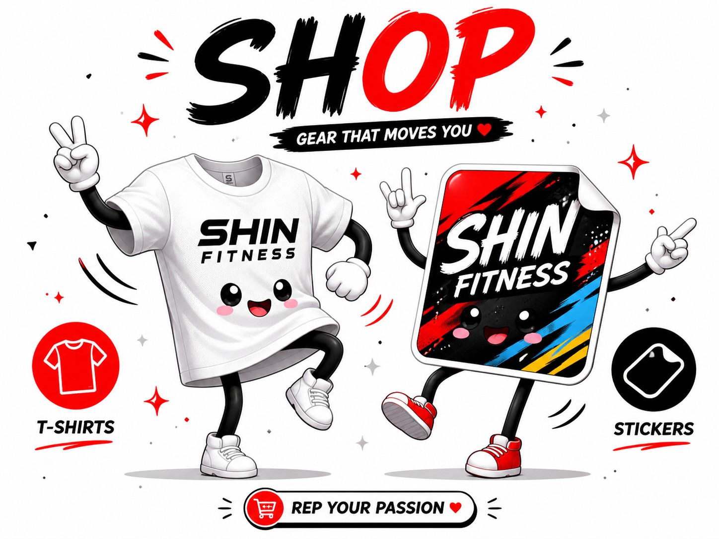 SHIN FITNESS SHOP Tシャツとステッカーのイメージ
